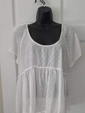 Lucky Brand White Swiss Dot Peplum Blouse